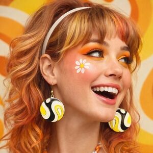 Vintage Groovy Retro Metal Earrings in Black Yellow Off White Enamel